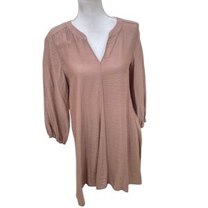 Glam split neck mocha 3/4 balloon sleeve casual dress high low hem size medium